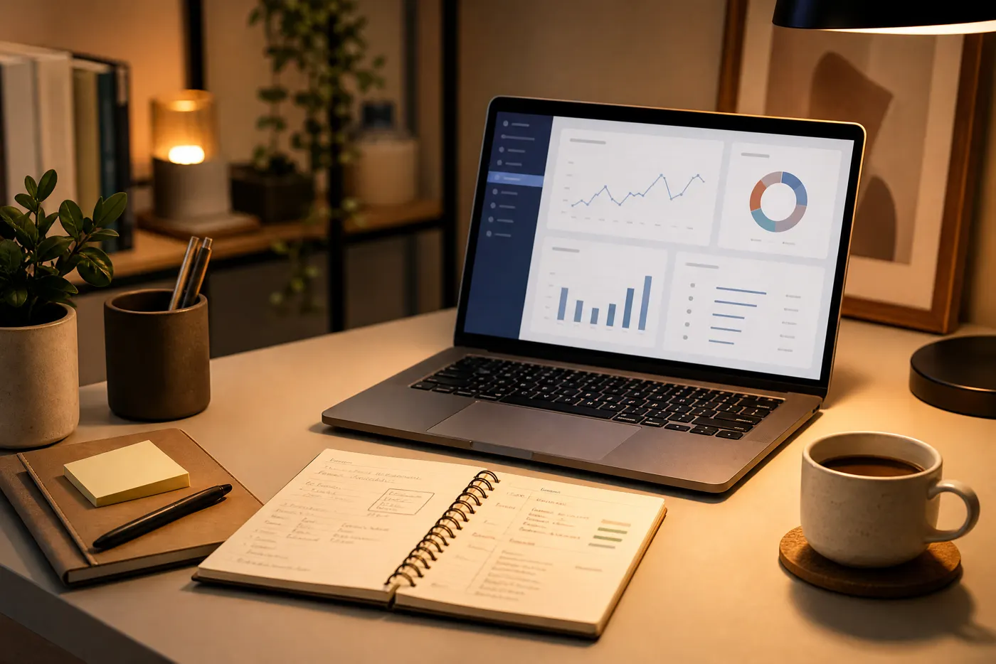 Laptop mit übersichtlichem Dashboard auf einem aufgeräumten Schreibtisch