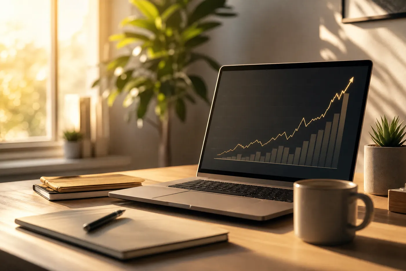 Laptop zeigt ein aufsteigendes Wachstums-Chart